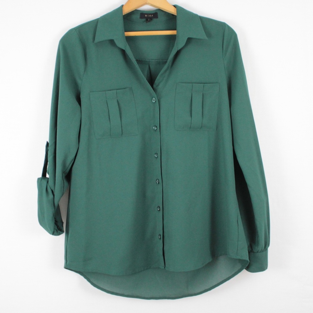 Mine Sheer Dark Green Button Down Blouse